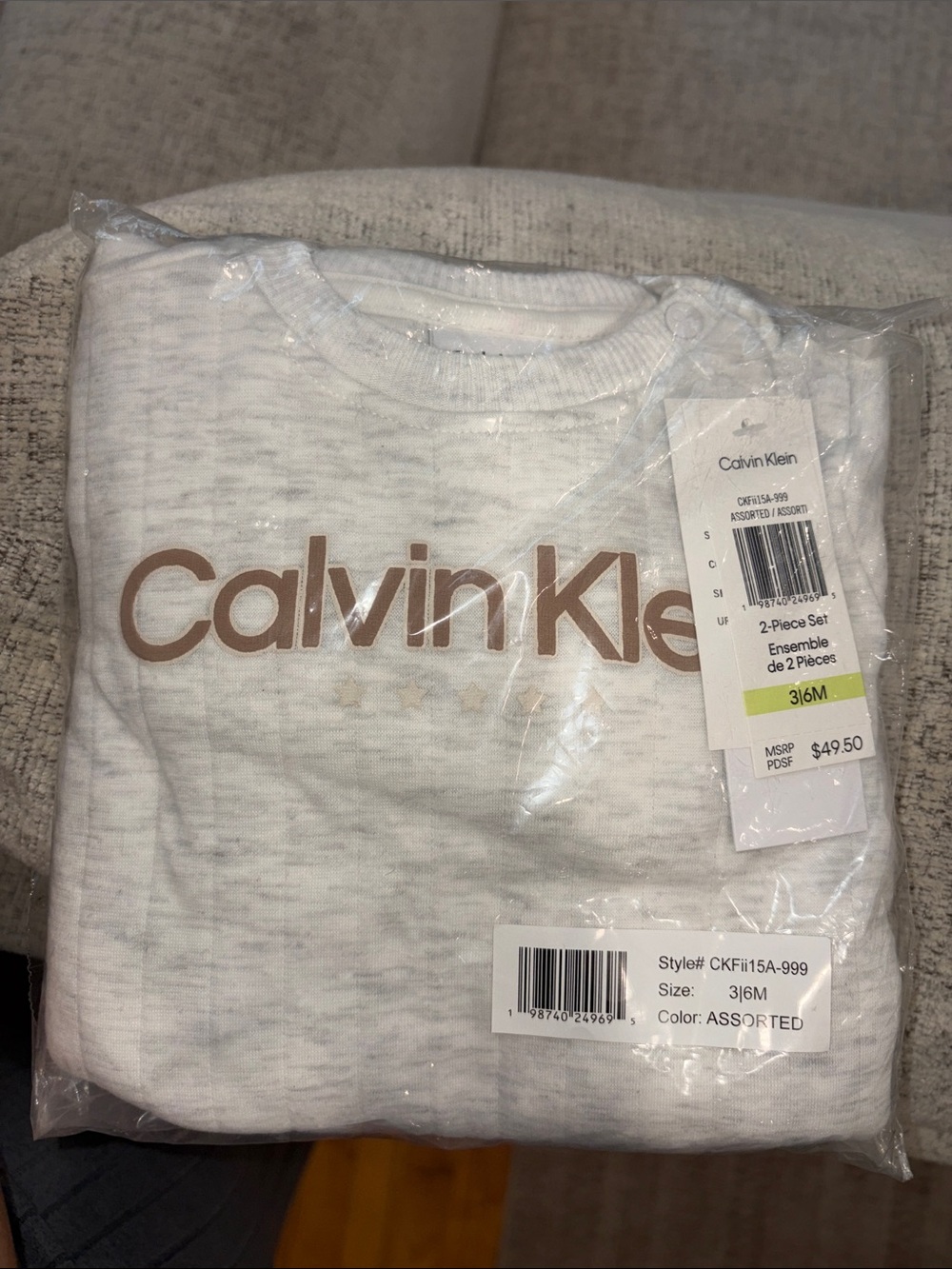 Calvin Klein Heather White Infant Tee with Tan Logo